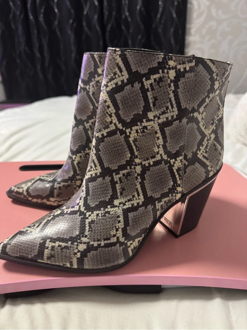 Women’s Gray Snake-Print Ankle Booties
